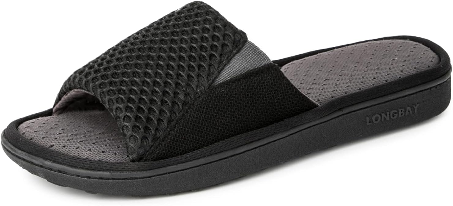 LongBay Men's Comfy Memory Foam Slide Slippers Breathable Mesh Cloth House Shoes
