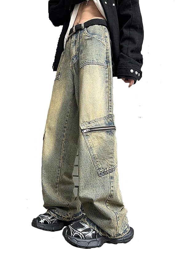 Casual Jeans for Men Trendy Straight Wide Leg High Waist Streetwear Cleanfit Denim Cargo Pants
