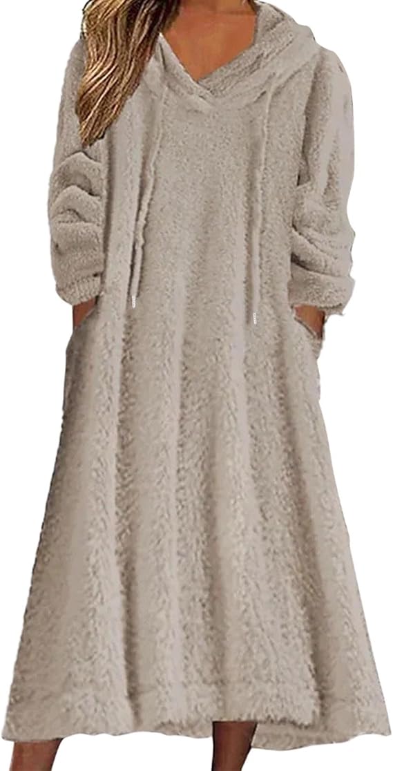 Women's Long Dressing Gown Oversized Hoodie Fleece Sleepwear House Coat with Pockets Comfortable Jumper Dress with Hood Soft Nightdress Dress Plush Loungewear Sweat Dress