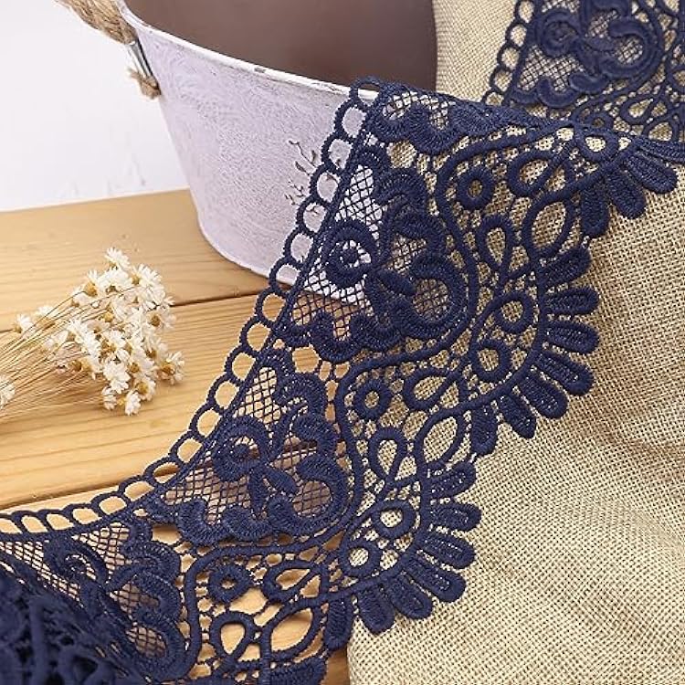 IDONGCAI Premium 4inch Wide Venice Lace Trim Navy Floral Embroidered Edge for Wedding Decor, Bridal Gowns, DIY Sewing, Crafts & Home Accents