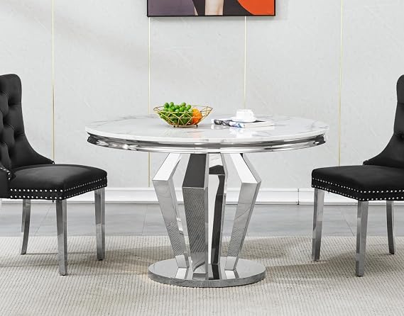White Marble Dining Table, Luxurious 44.88" Round Dining Room Table with Printed Marble Top and Silver Diamond Shape Stainless Steel Pedestal, Modern Circle Kitchen Table for 6