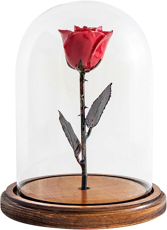 Forever Rose The Red Enchanted Rose in Glass Dome, Personalized Hand Engraved Preserved Real Rose, Beauty and the Beast Inspired Copper Finished Eternal Rose, Romantic Gift for Women and Men