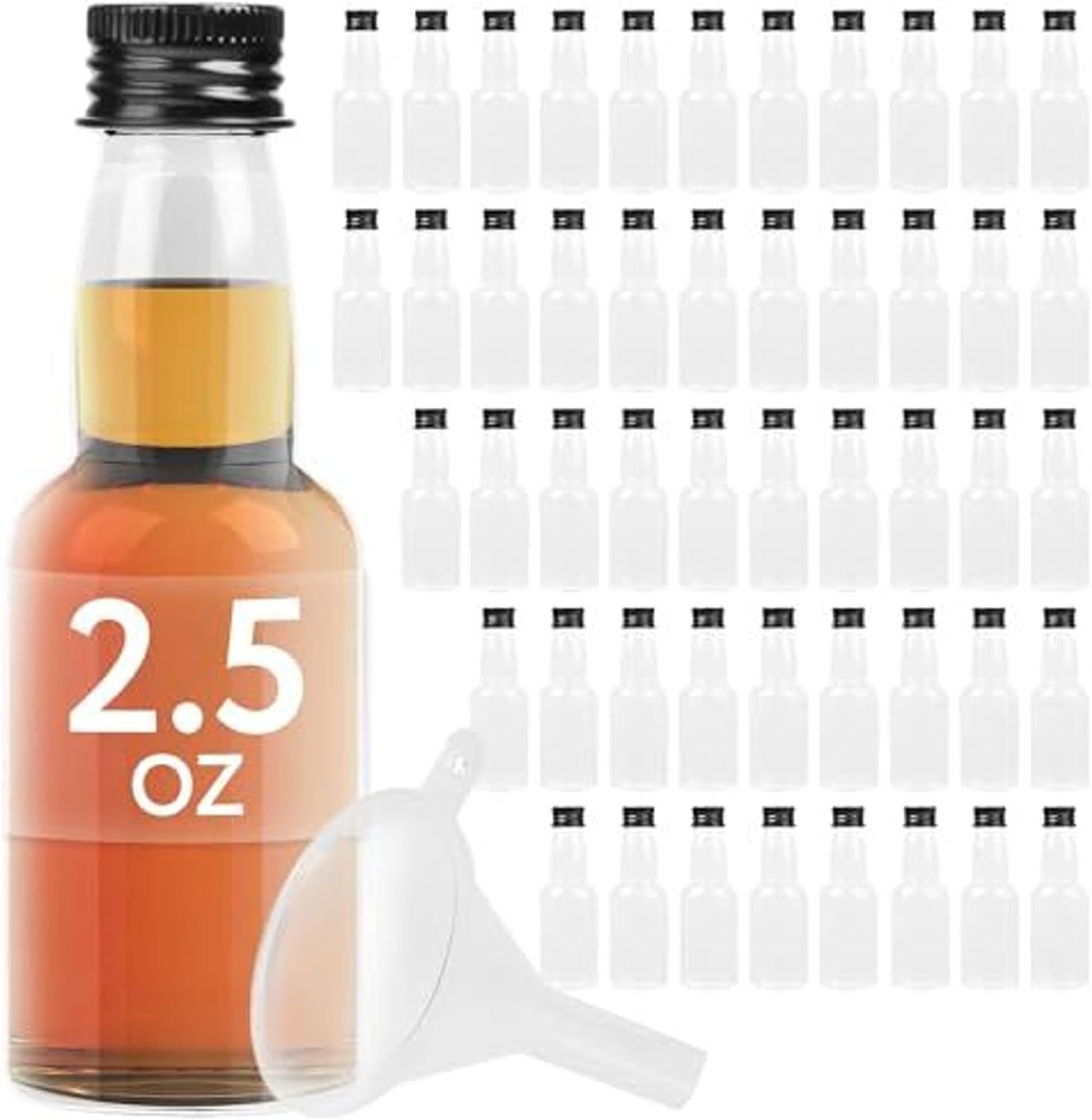IMPRESA Shot Bottles with Caps 50-Pack - 75ml 2.5oz Clear Plastic - Reusable & Dishwasher Safe - Bulk Mini Alcohol Bottles for Party Favors & Travel