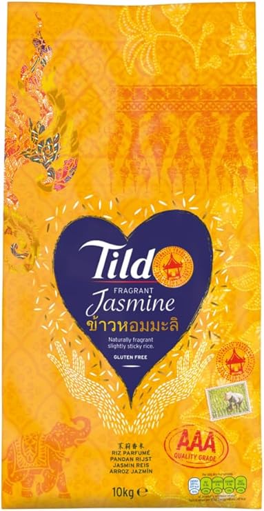 Tildaa Thai Jasmine Rice, AAA Grade Fragrant Rice, Sticky Texture, Gluten Free, Vegan, Vegetarian (10kg)