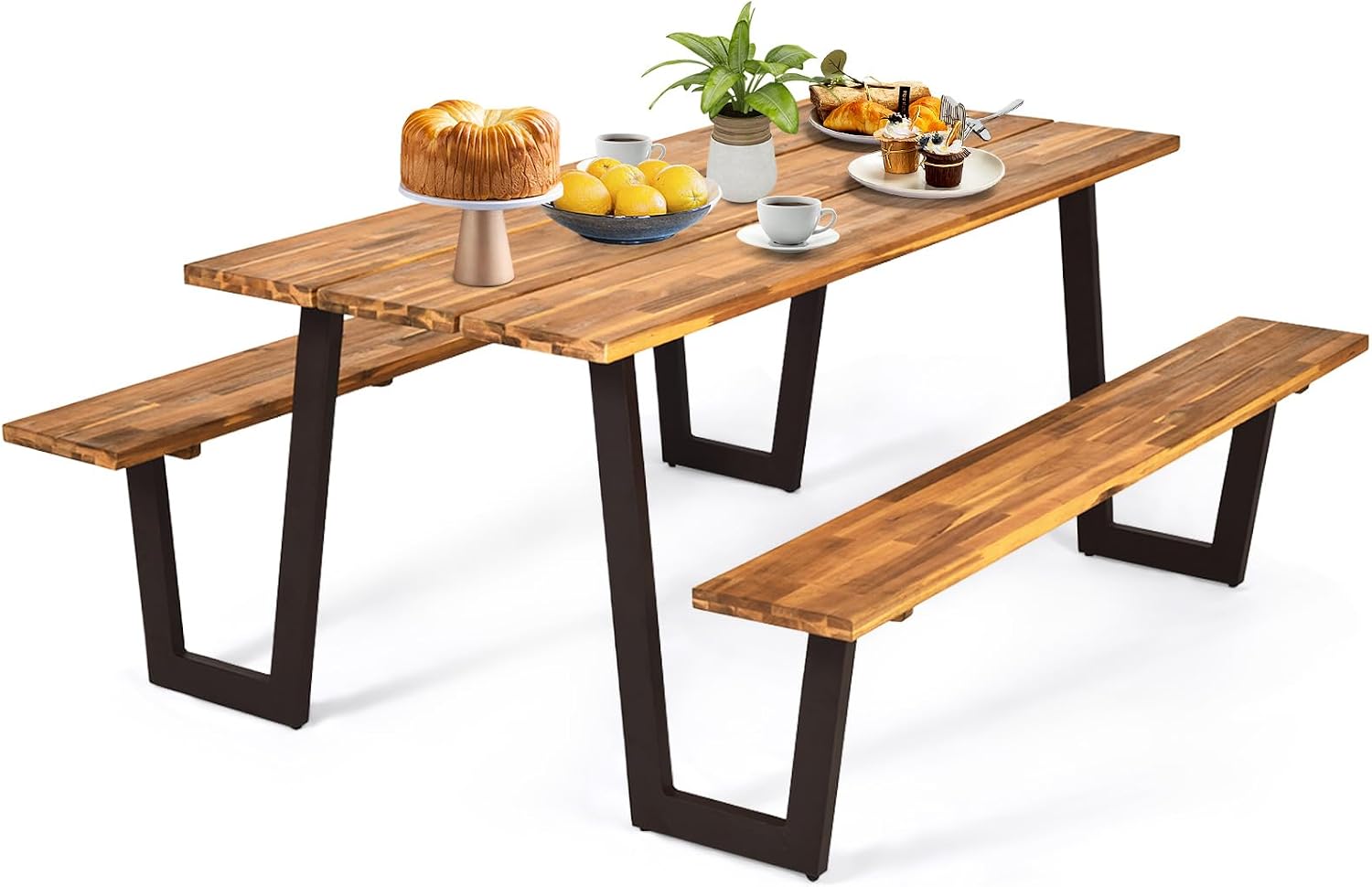 COSTWAY Acacia Wood Picnic Table, 70” Tabletop with Umbrella Hole, Strong Metal Frame, 6 Person Outdoor Picnic Table Bench Set for Patio, BBQ, Dining