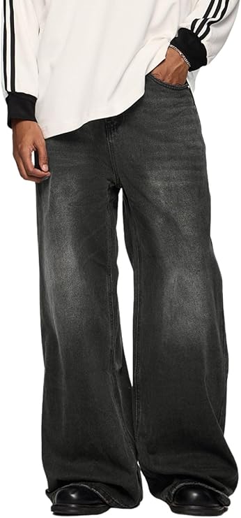 Men's Baggy Jeans Y2k Straight Leg Mid Waisted Solid Streetwear Loose Fit Vintage Hip Hop Denim Pants