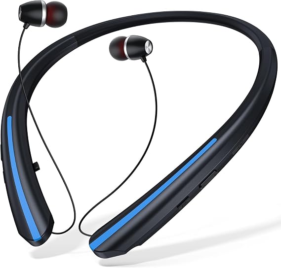 Bluetooth Headphones Wireless Neckband Bluetooth Earphones Auto Retractable Earbuds with 24H Playtime,Sports Waterproof Earphone,Noise Cancelling with Mic for Running Workout,Blue-Black