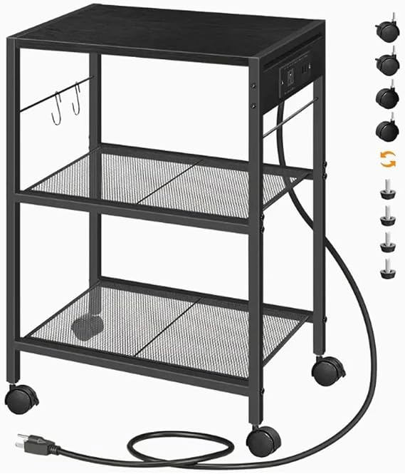Industrial Printer Stand, 3 Tier Mobile Printer Shelf, Rolling Printer Cart with Power Outlet and USB Port, Printer Table with 2 Hooks for Home Office Living Room Kitchen