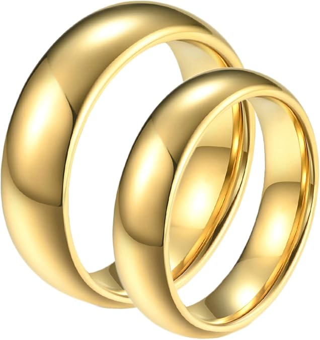 ANAZOZ Promise Rings Engraved for Couples, Matching Couple Rings Gold Plated 8MM & 6MM Polished Tungsten Carbide Rings with Free Engraving