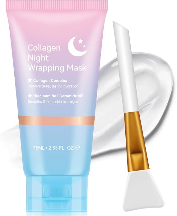 Collagen Night Wrapping Mask,Collagen Overnight Wrapping Peel Off Face Mask for Hydration & Elasticity, Reduce Sagging & Dullness, Tight Skin Mask-2.53 fl.oz (Brush Included) (75 ML)