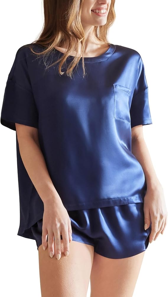THXSILK 100% Mulberry Silk Women's Pajamas Set, Women's Lingerie Sleep Lounge, 2 Piece Womens Pajama Shorts Silk Pjs