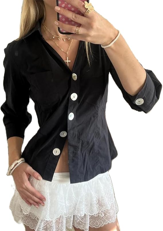 Women Y2k Vintage Button Down Shirt Long Sleeve Slim Fitted Tie Back Blouse E-Girls Coquette Aesthetic Crop Tops