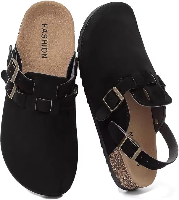 DDXYYDS Women Suede Clogs, Men Closed Toe Boston Mules, Unisex Leather Sandals with Double Adjustable Buckle, Slip On Cork Footbed Potato Shoes with Arch Support