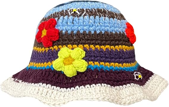 Crochet Bucket Hat for Women Handmade Knit Hats Summer Floral Skull Cap Knit Bucket Hats for Women