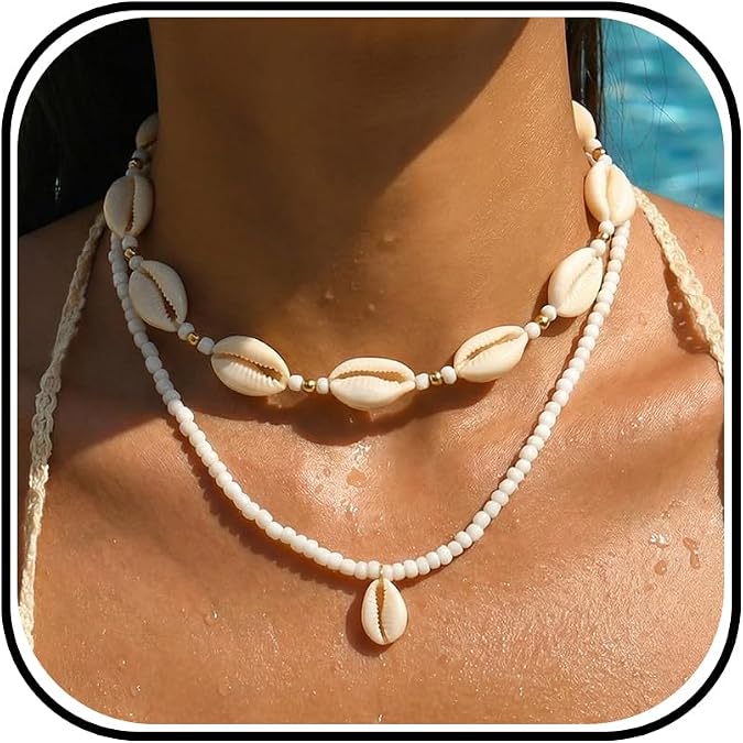 Shell Necklace Beach Jewelry for Women Gold Sea Shell Layered Necklace Stack Ocean Jewelry Vacation Costume Outfits for Women