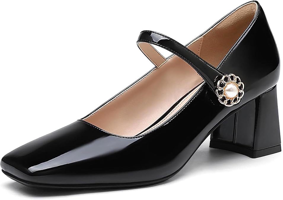 NEWBELLA Women's Patent Leather Mary Janes - Glossy Square Toe Pumps with Chunky Heel & Buckle Strap, Retro Dress Shoes for Work & Formal Events