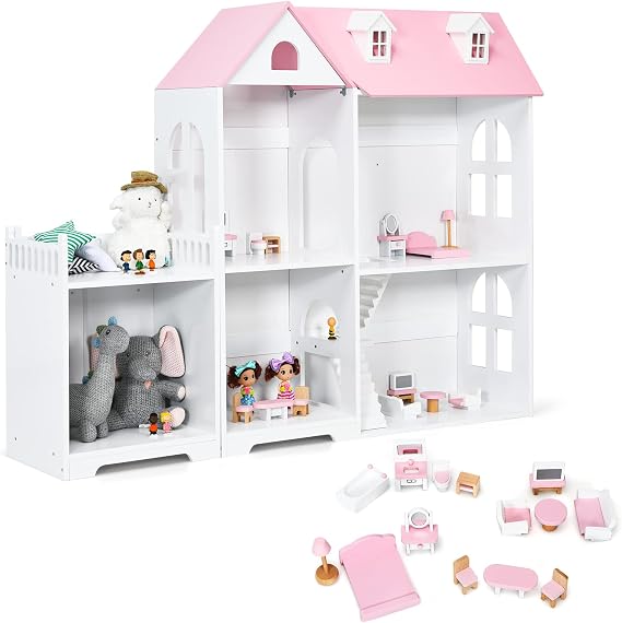 COSTWAY Large Wooden Dolls House, 2 in 1 Kids Bookcase Dollhouse with Furniture and Accessories, 2 Storey Pretend Play Set for Girls Boys (Pink)