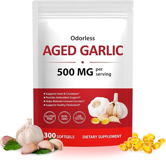 Odorless Aged Garlic Extract Capsules 300 Count, 500mg Organic Aged Garlic Supplement for Heart, Traditional Herbal Support, 2-Year Matured for Overall Wellness, Non-GMO, Gluten Free