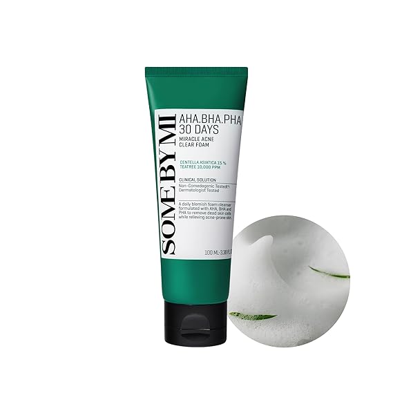 SOME BY MI AHA BHA PHA 30 Days Miracle Acne Clear Foam 3.38oz, 100ml Korean Acne Face Wash for Smooth & Clear Skin Salicylic Acid Cleanser for Exfoliation & Sebum Control Korean Skin Care