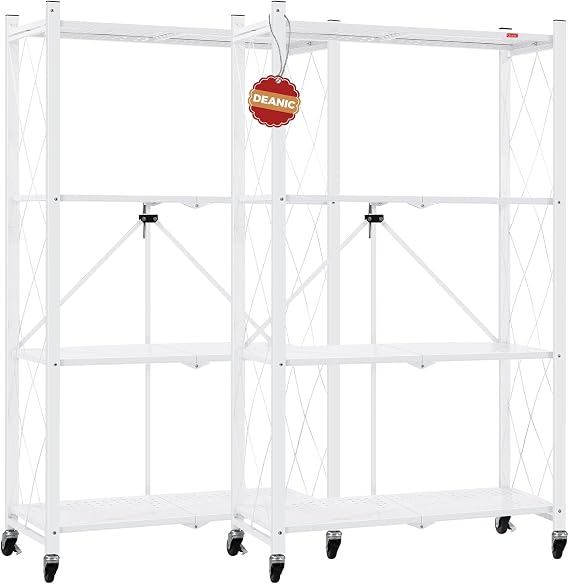 DEANIC 4 Tier Foldable Storage Shelves with Wheels, Large Capacity Shelving Unit, Freestanding Metal Wire Shelf Rack, No Assembly Organizer Rack for Garage Kitchen, Basement, Pantry (2, White)
