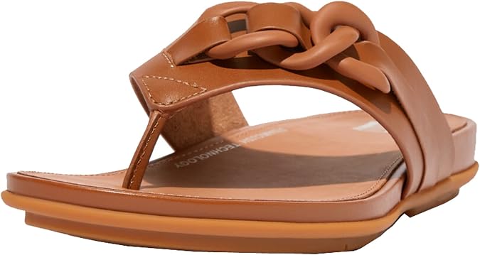 FitFlop Gracie Rubber-Chain Leather Toe Post Sandals Light Tan 6 M (B)