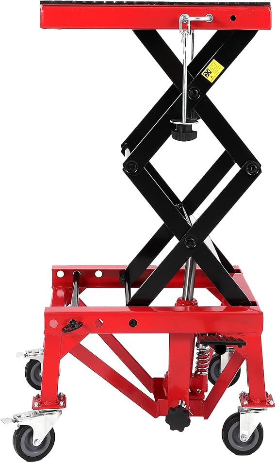 Hydraulic Motorcycle Lift Jack 350LBS, Foot Operated Scissor Lift Table for ATV Dirt Bike, Heavy-Duty Steel Stand with Safety Lock & Wheels, 13.78-34.25" Height Adjustable, Oil Drain Hole