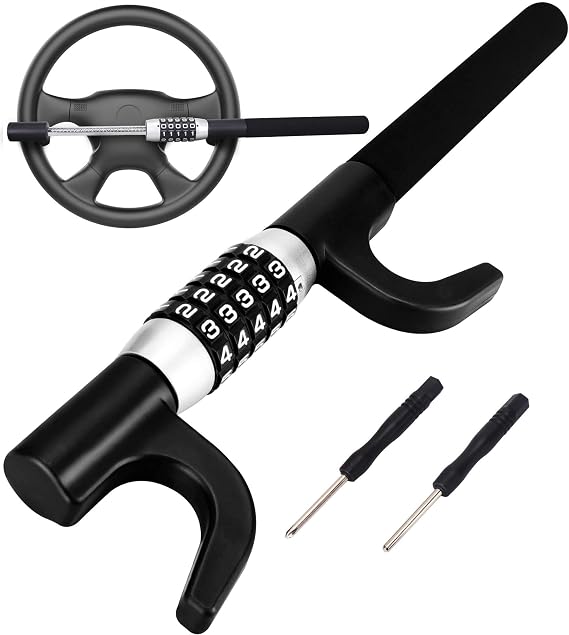 Tevlaphee Steering Wheel Lock Anti Theft Device Retractable Brake Pedal Lock Keyless Password 5 Coded Combination Anti Theft Car