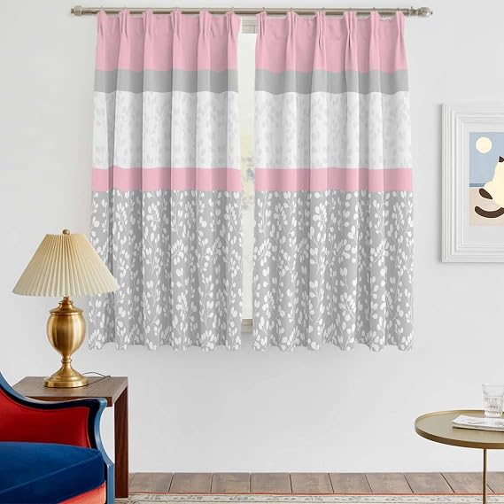 Pink Grey Blackout Curtains for Bedroom, Chic Garden Floral Stripe Aesthetic Flower Boho Room Darkening Curtains for Living Room with Hooks, Thermal Insulated Drapes 2 Panels, 79"Wx53"L