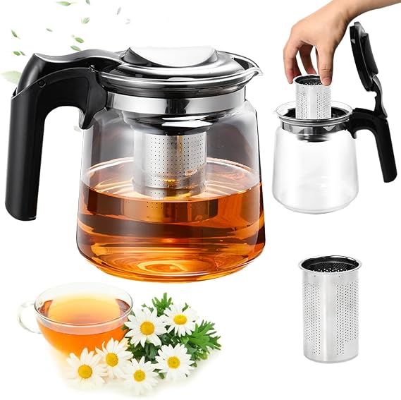 Glass Teapot 1.5 Litre Glass Jug Heat Resistant with Stainless Steel Strainer Insert Glass Tea Pot Tea Maker with Lid Coffee Pot Water Jug Teapot Tea Maker for Green Tea Black Tea Herbal Tea