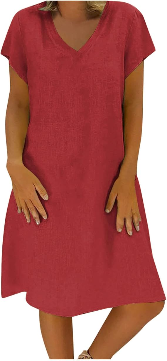 FZYLQY Womens Slim Dresses 2024 Ladies Summer Solid Cotton Linen Dress Short Sleeve V-Neck Dress Plus Size Mid-Calf Dress