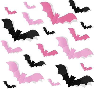 Pink Halloween Bats Wall Decor, 60Pcs Cute Bats Stickers, Pastel Bats Halloween Decorations, 3D Bat Blush and Black DIY Wall Decal for Party Bathroom Window Indoor