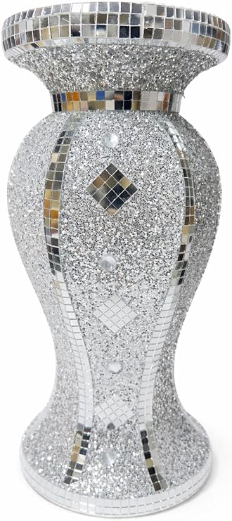 Crushed Diamond Silver Sparkle Flower Vase 30cm – Handmade Bling Mosaic Mirrored Ornament Rhinestone Crystal Pot Glitter Home Decor for Living Room, Dining, Bedroom, Gift Display