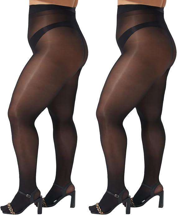 MANZI 2 Pairs Women's Plus Size Oil Shiny Sheer Pantyhose High Waist Shimmer Stockings Nylon Silky Tights