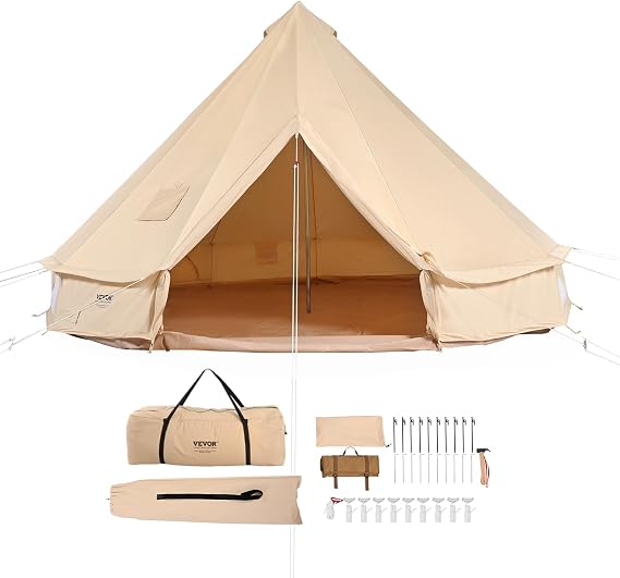VEVOR Canvas Tent Bell, Yurt 4 Seasons for Camping with Stove Jack, Breathable Holds up to 4 People, Family Camping Outdoor Hunting Party