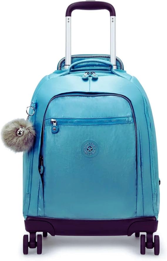 Kipling New Zea Metallic Blue Rolling Backpack with Retractable Strap and Laptop Compartment