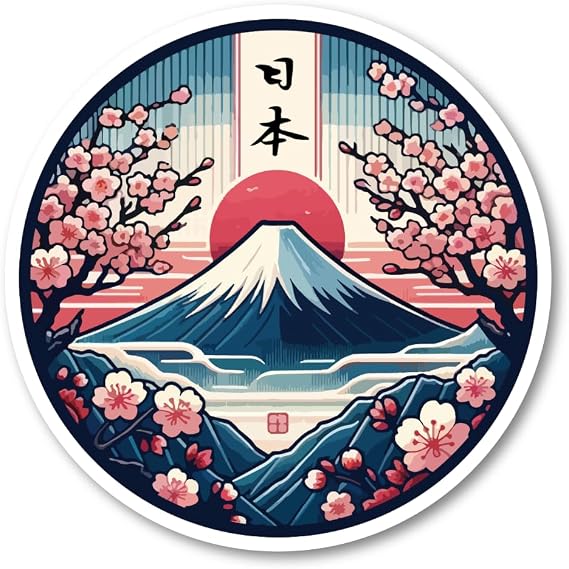 Japan Travel Sticker Round Vinyl Decal Mount Fuji Sakura Rising Sun Waterproof for Car Tablet Water Bottle Suitcase - Fuji Sakura Retro 3.86 inches