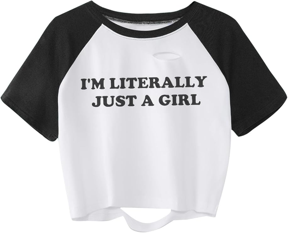 Avanova Women's Graphic Raglan Tee Short Sleeve Distressed Crop Top Casual T Shirts Black White B X-Large