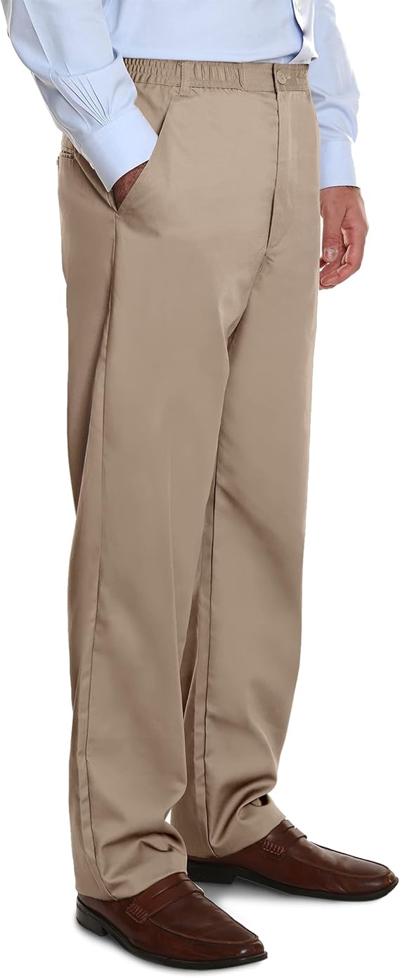 Pembrook Men's Adaptive Pants for Seniors - Elastic Waist with Zipper and Button | Senior Tan Pants