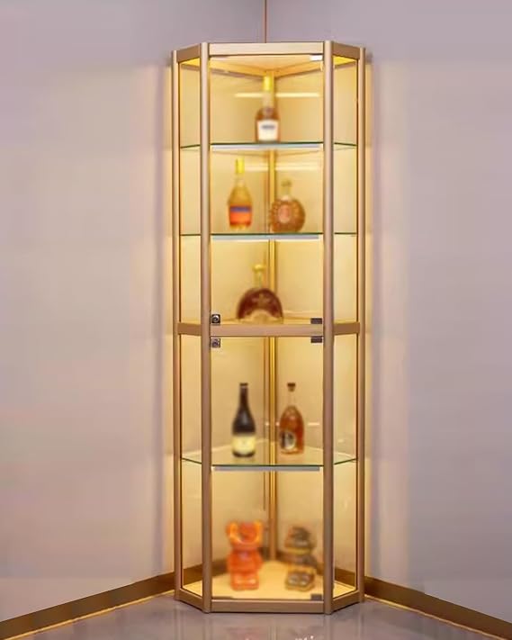 Display Cabinet,Glass Display Cabinets Led Light Corner Glass Curio Cabinet Display Case with Doors, 5-Tier Bedroom Home Curio Collection Hutch Showcase, 70" Tall Organizers Rack(180cmx40cmx