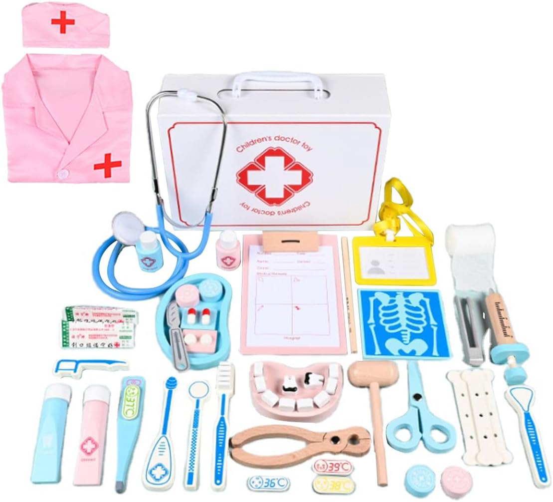 Pretend Doctor Set of 43 Childrens Medical Kit, Wooden, Dentist Pretend Play, Heard Sound Stethoscope, Syringe, Storage Case, Doctor Costume, Nurse Clothes, Pretend Play, Educational Toy, Pretend