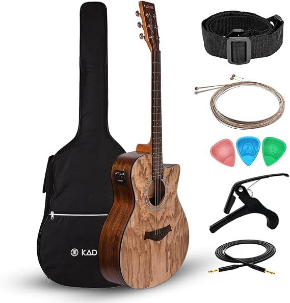 Kadence A06EQ-SC Acoustica 40" Electro Acoustic Guitar | Grand Auditorium Cutaway | AshWood | Built-in Pickup + 2 Band EQ | Includes Bag, Cable, Strap, Picks, Strings, Capo & Learning Course | Natural