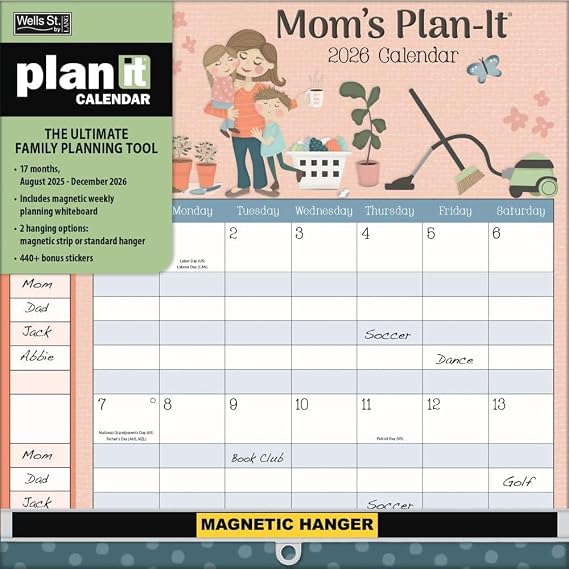 WSBL Moms 2026 Plan-It Plus Calendar 17-Month Organizer (Aug 2025Dec 2026) with Magnetic Whiteboard, 400+ Reminder Stickers & Family Artwork, 12" 12"