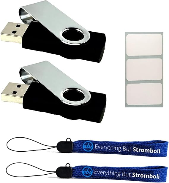 64GB Flash Drives (2 Pack Bulk - Black) 3.0 USB Memory Bundle with (2) Everything But Stromboli Lanyards & (3) White Labels for Pendrive/Flashdrive