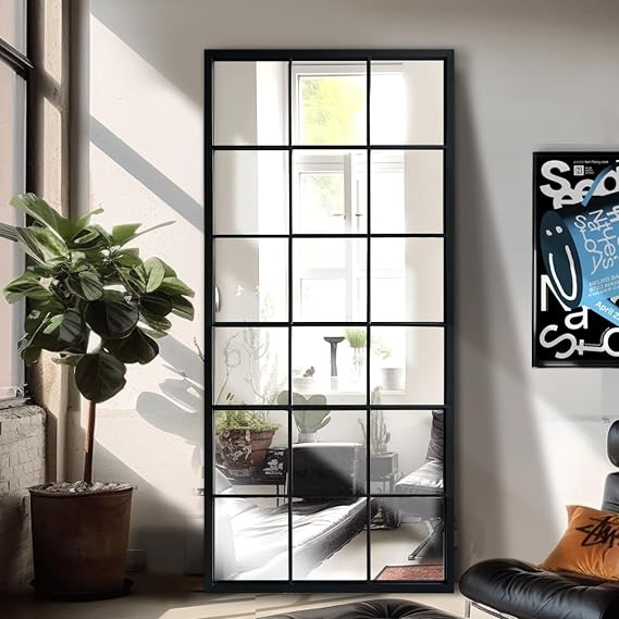 OUSHUAI Balck Full Length Mirror,Window Pane Grid Minimalism Long Floor Wall Mounted Mirrors for Entryway,Hallway,Living Room,Fireplace 22"X53"