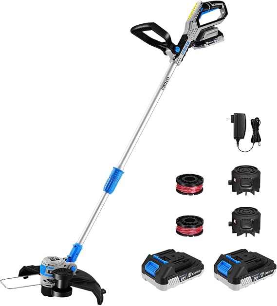 String Trimmer Cordless Battery Powered:DEKOPRO 20V Brushless Electric Weed Wacker Eater, 12 Inch, 2 in 1 Lawn Trimmer&Edger, 2 Batteries, Charger, Line Feed