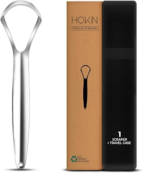 HOKIN Tongue Scraper for Adults with Travel Case (1Pcs Oral Care Pack) - 100% Metal Spoon Shaped Tongue Cleaner, Tough Scraper for Oral Hygiene