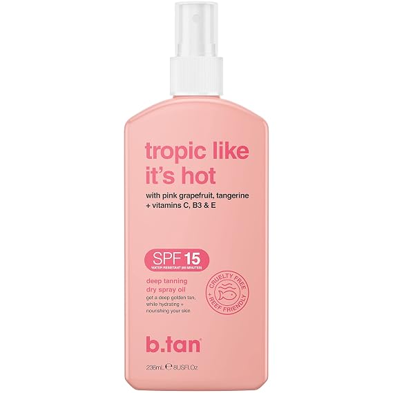 b.tan SPF 15 Deep Tanning Oil Dry Spray | Tropic Like It's Hot - Outdoor Bronzing Mist, Moisturizing, Summer Beach & Pool Essentials, Australian Brand, 8 Fl Oz