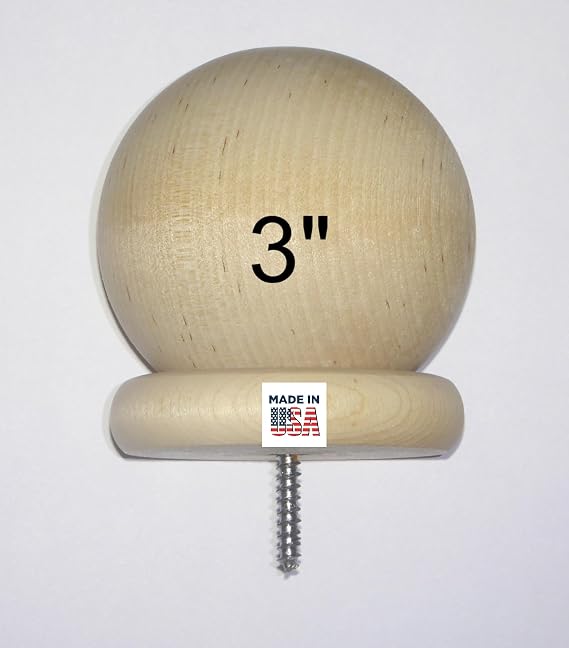 (1) - 3" Round Wood Ball Finial with 3/16" Wood Screw - Birch Wood - Cap Baluster Newel Post Railing - See Description for Details and Measurements.