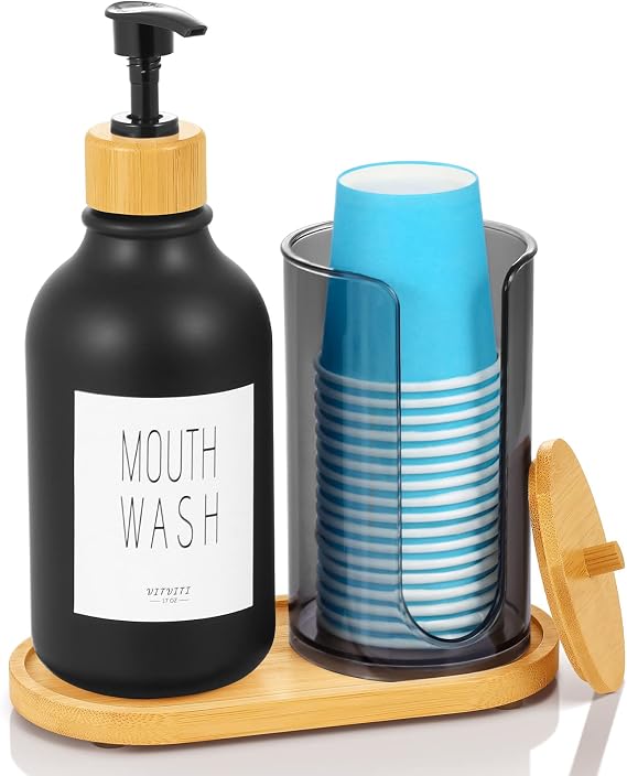 VITVITI Mouthwash Dispenser for Bathroom, Black Bottle Container Cup Holder