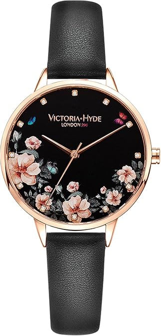 VICTORIA HYDE Quartz Watches for Women Floral Dial with Stainless Steel Mesh Band Genuine Leather Strap Waterproof Ladies Wristwatch